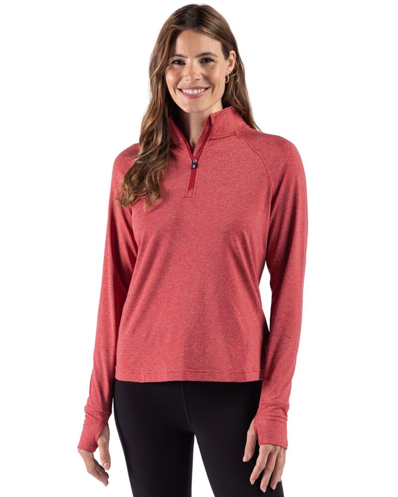 Cutter-Buck-Adapt-Recycled-Soft-Knit-Stripe-Womens-Quarter-Zip-Pullover-LCK00235 Cutter & Buck Adapt Recycled Soft Knit Stripe Womens Quarter Zip Pullover