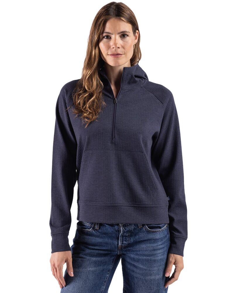 Cutter & Buck Drift Epic Versatility Recycled Textured Knit Womens Half Zip Hooded Pullover